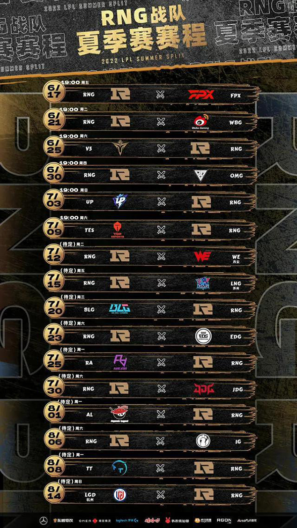 2022RNG夏季赛赛程表